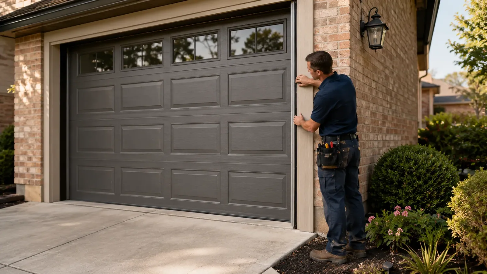 Garage door technician inspecting springs rollers tracks and opener in Columbia Maryland
