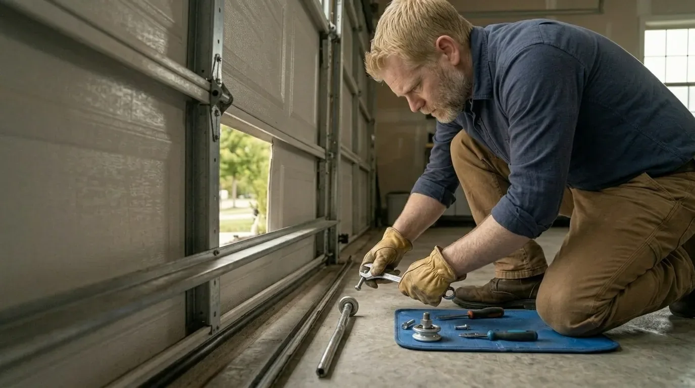 Garage door technician repairing an older residential garage door in Columbia Maryland
